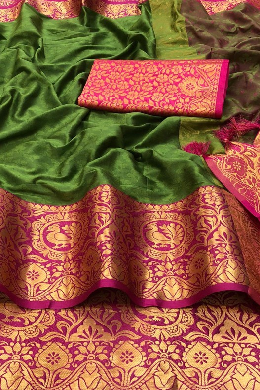Mehendi & Pink Soft Silk Saree With Designer Blouse