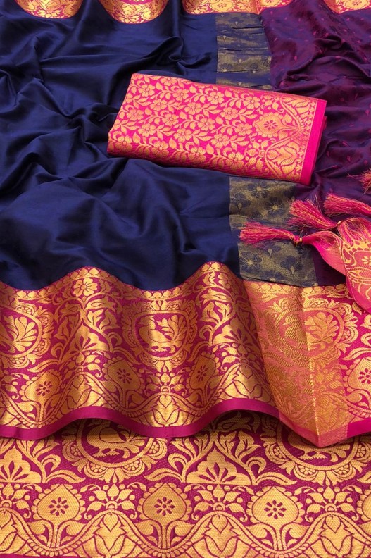 Navy Blue & Pink Soft Silk Saree With Designer Blouse