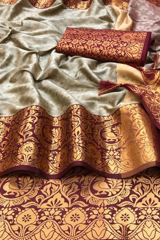 Silver & Maroon Soft Silk Saree With Designer Blouse